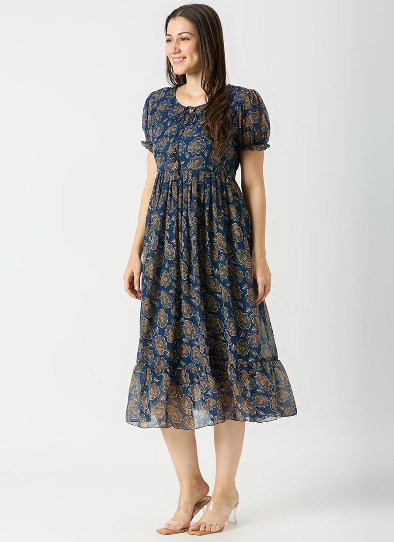 Navy Blue Georgette Rose Printed Midi Dress