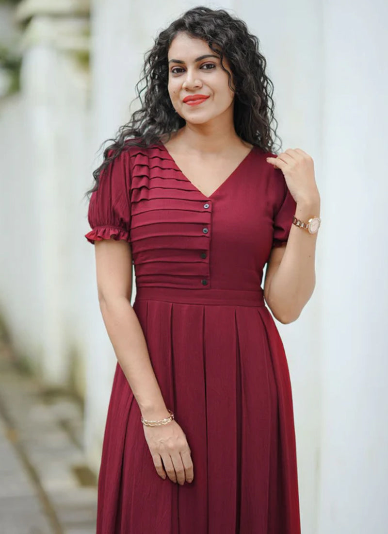 Maroon Rayon Calf Length Outwear Midi Dress