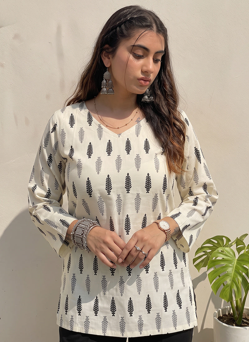 White And Black Cotton Printed Kurti