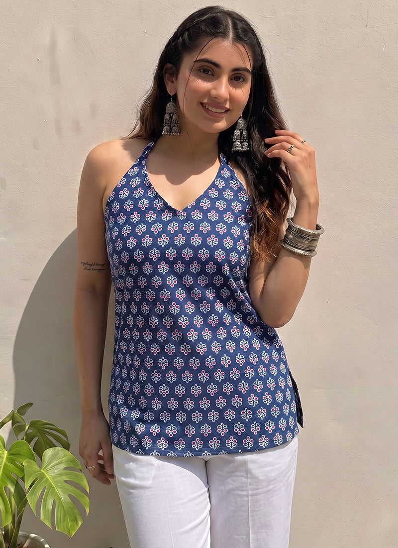 Blue Halter Neck Cotton Printed Outwear Kurti