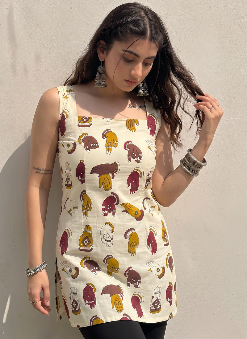 Cream Cotton Sleeveless Outwear Kurti