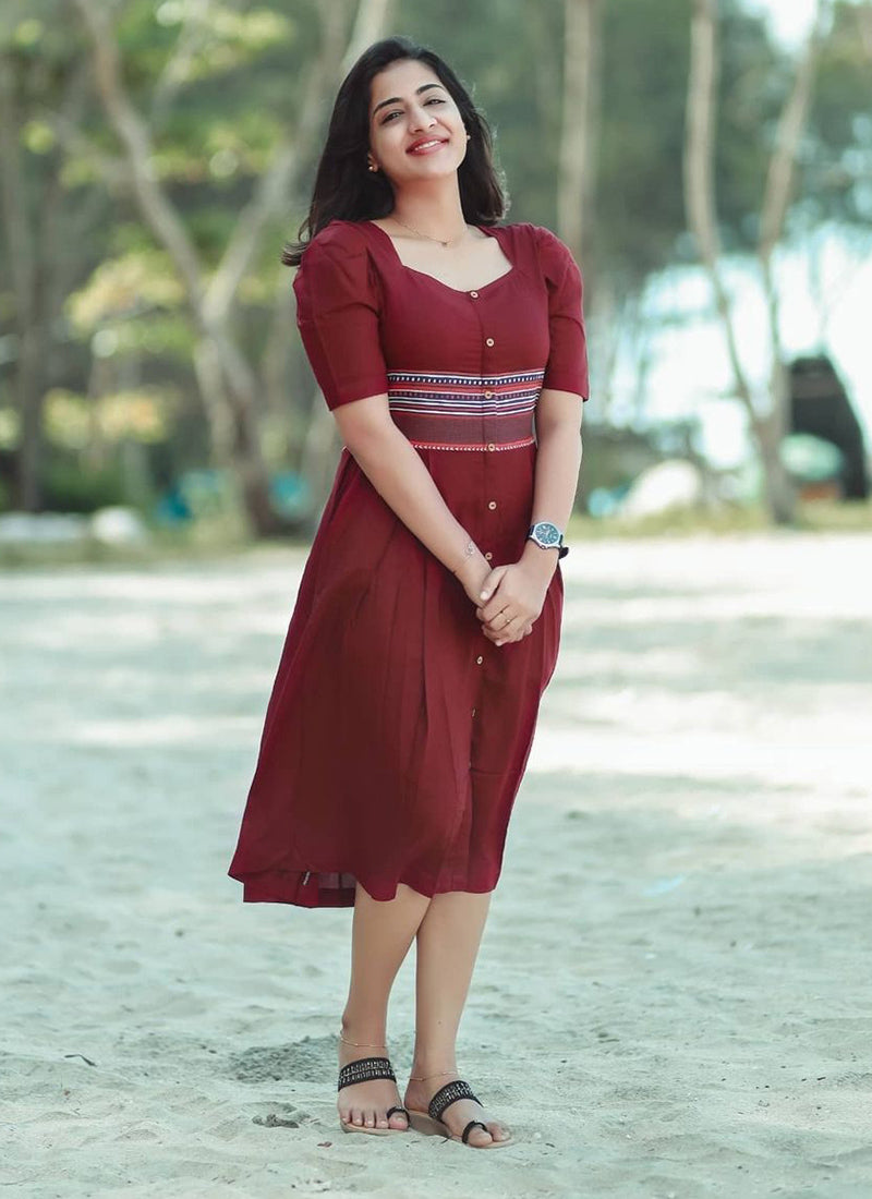 Buy Maroon Rayon Printed Western Dress Online