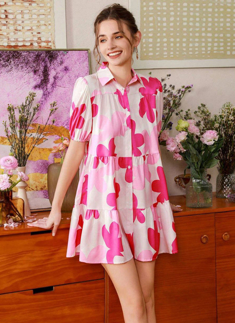 Pink And Cream Cotton Printed One Piece Mini Dress