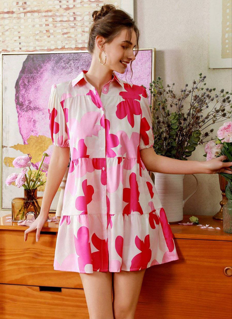 Pink And Cream Cotton Printed One Piece Mini Dress