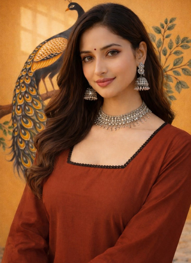 Rust Square Neck Roman Silk Kurti