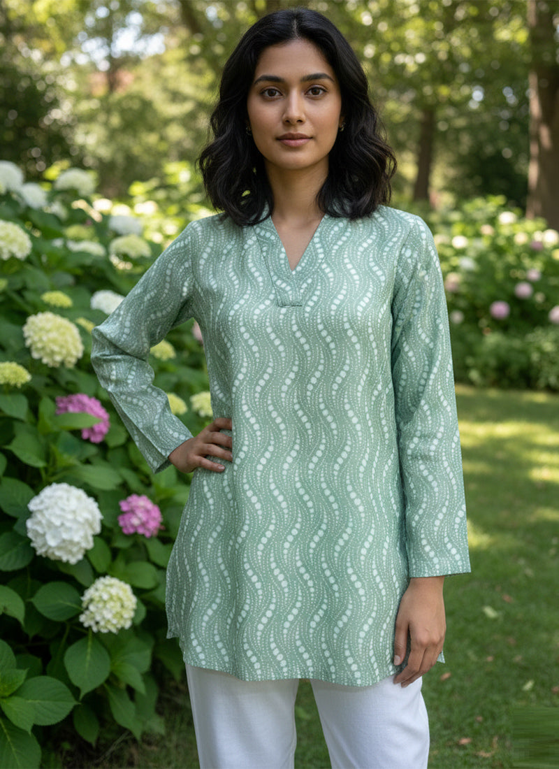 Sage Green Wavy Printed Muslin Casual Short Kurti