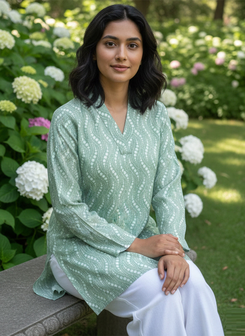 Sage Green Wavy Printed Muslin Casual Short Kurti