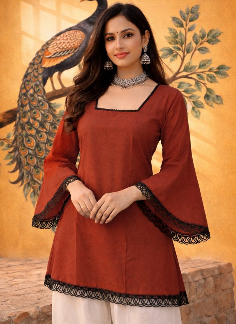 Rust Square Neck Roman Silk Kurti