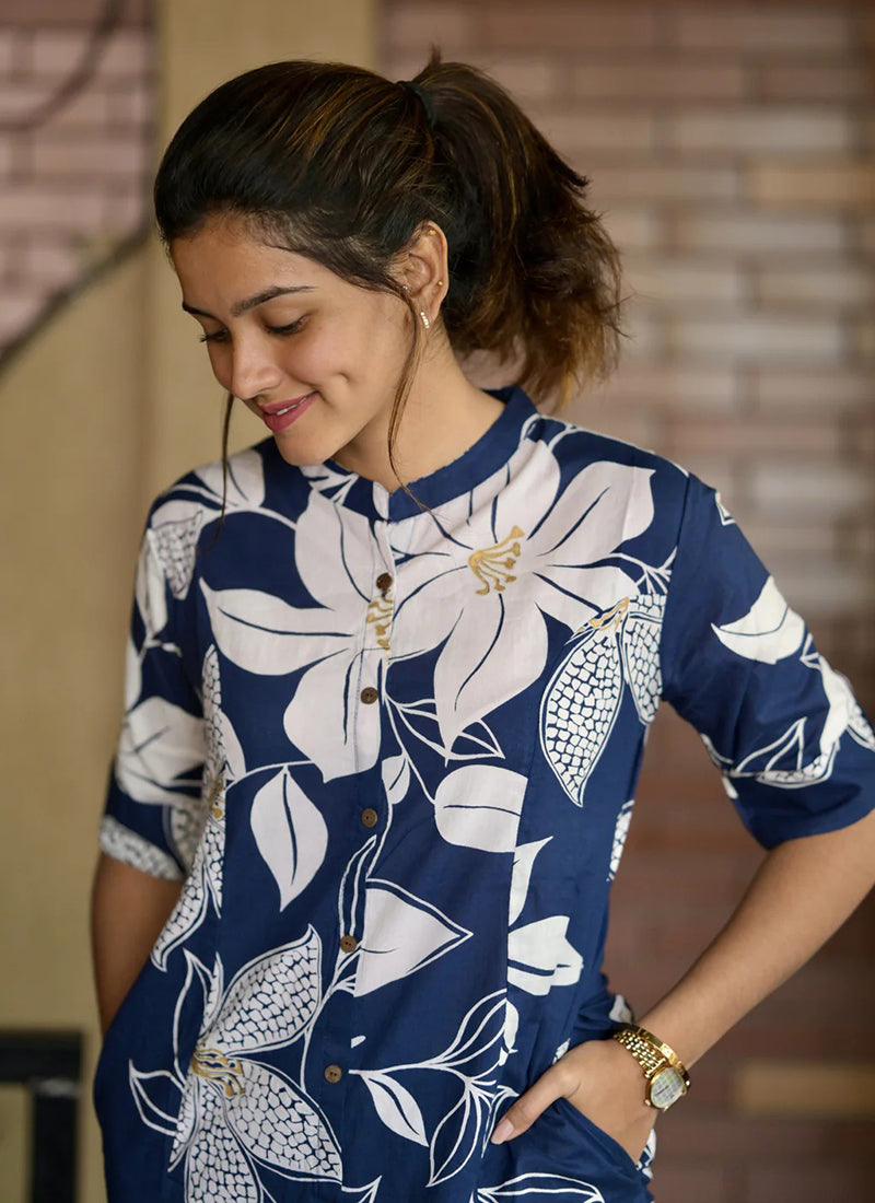 Blue Floral printed rayon cord set