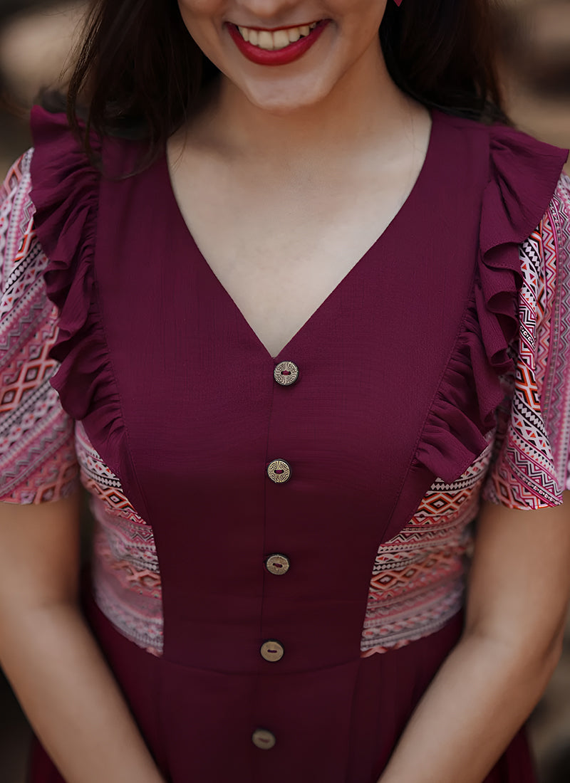 Maroon Rayon Printed Dress