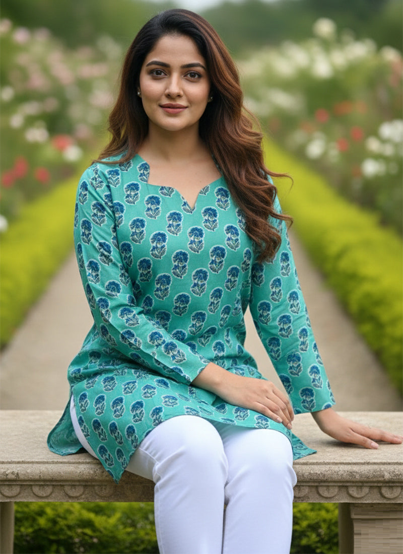 Turquoise Floral Printed Muslin Casual Short Kurti