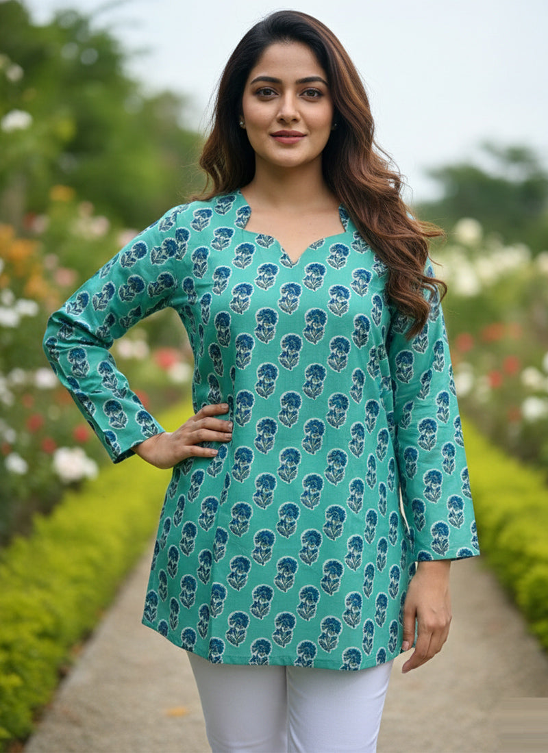 Turquoise Floral Printed Muslin Casual Short Kurti