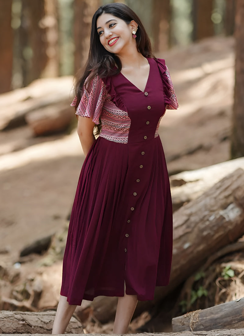 Maroon Rayon Printed Dress