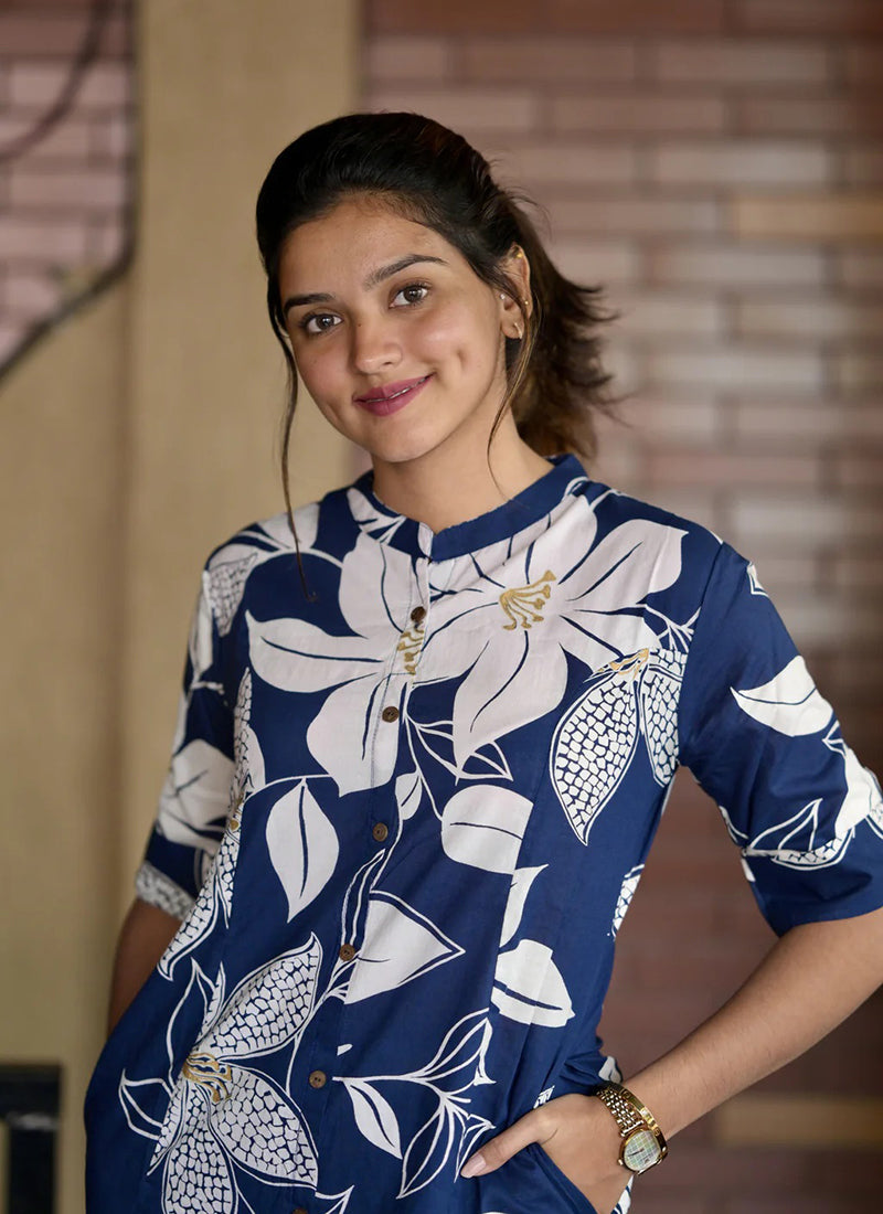 Blue Floral printed rayon cord set