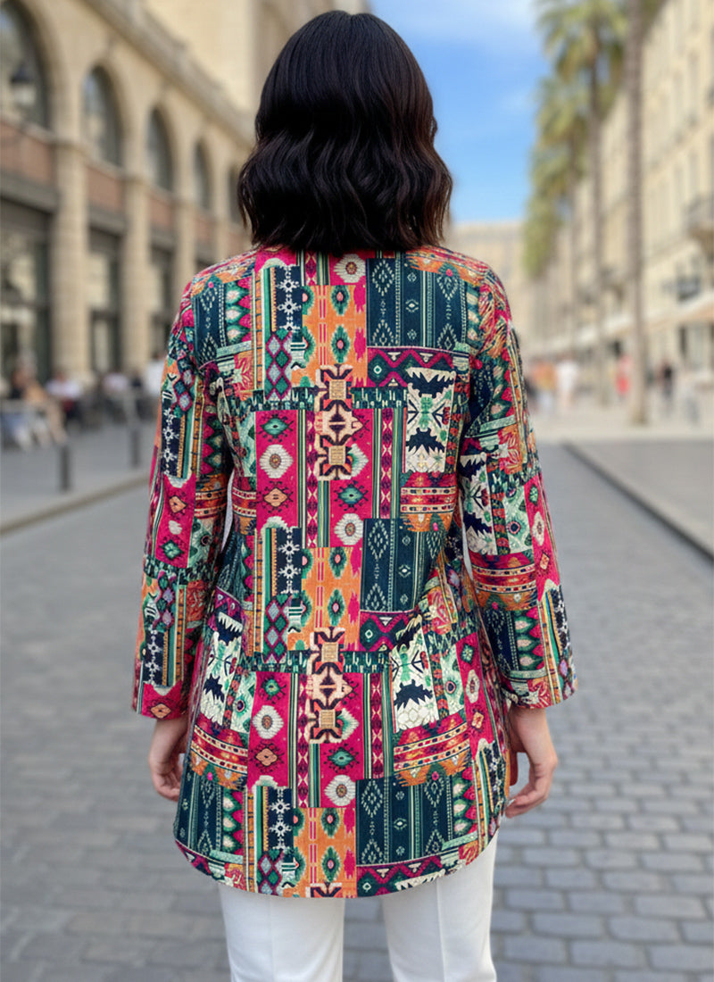 Multicolor Geometric Print Muslin Casual Short Kurti