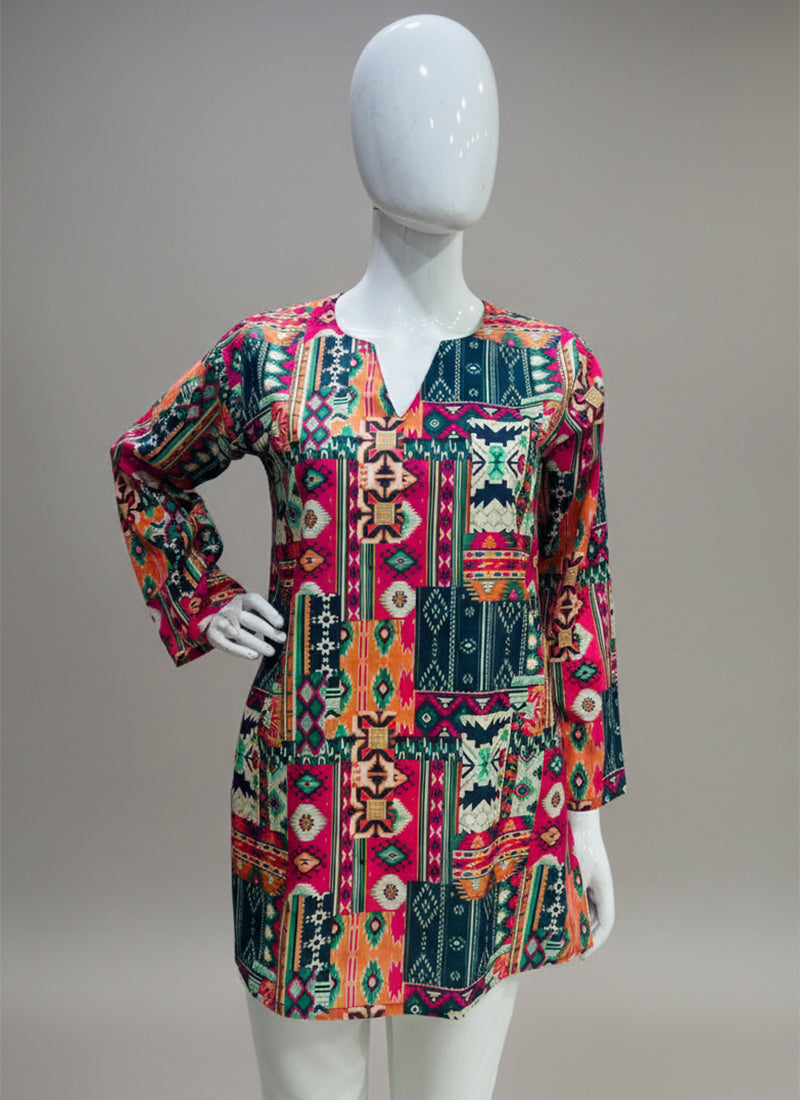 Multicolor Geometric Print Muslin Casual Short Kurti