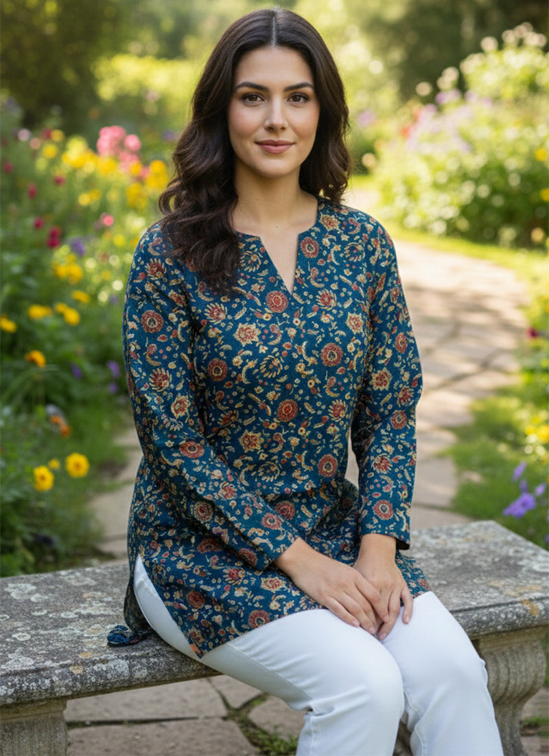 Teal Blue Geometric Print Muslin Casual Short Kurti