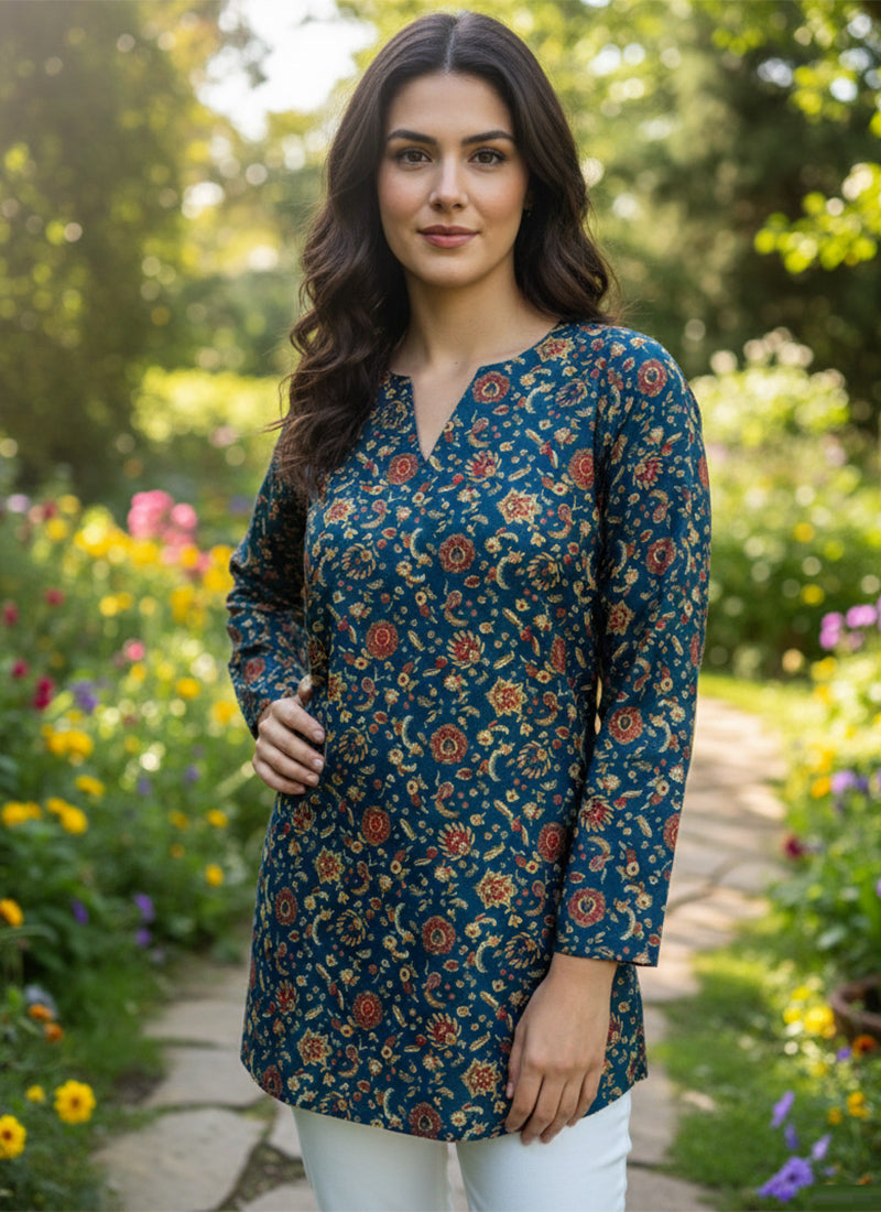 Teal Blue Geometric Print Muslin Casual Short Kurti