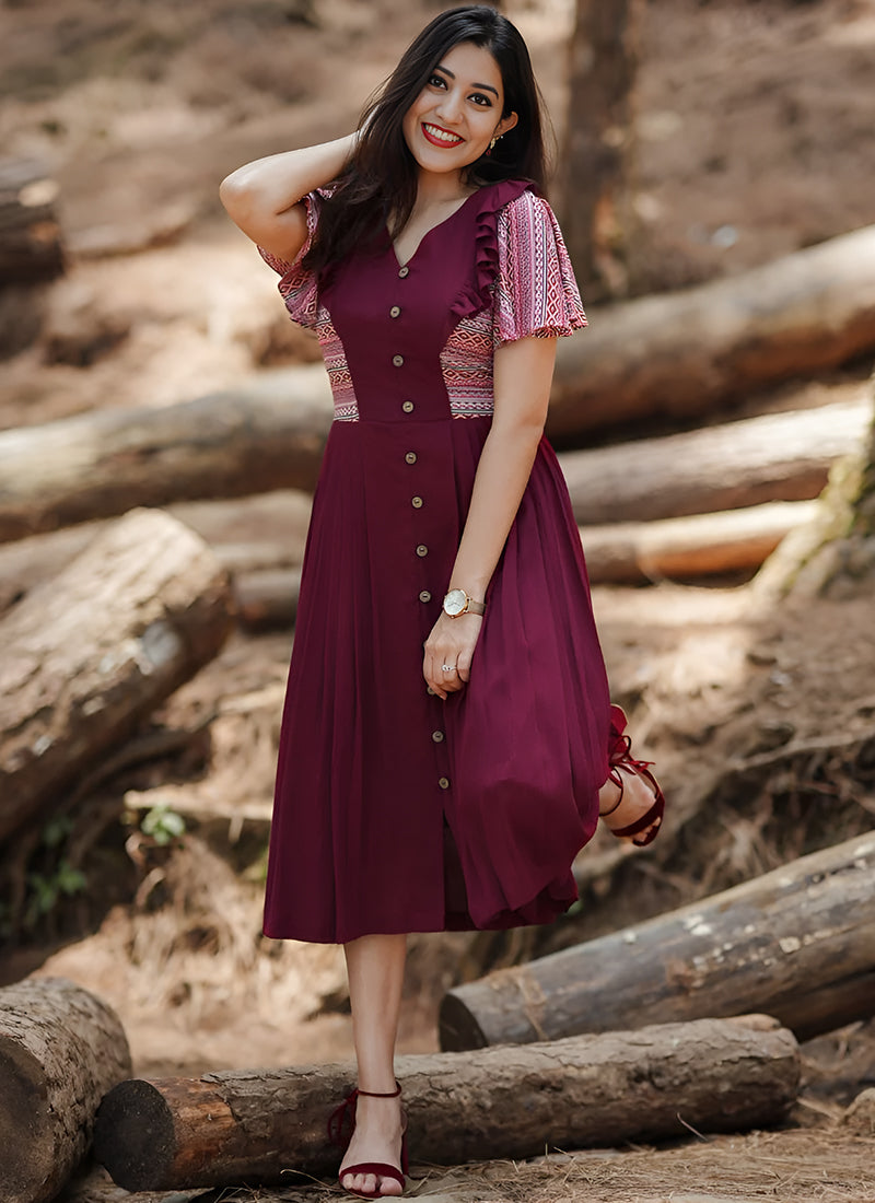Maroon Rayon Printed Dress