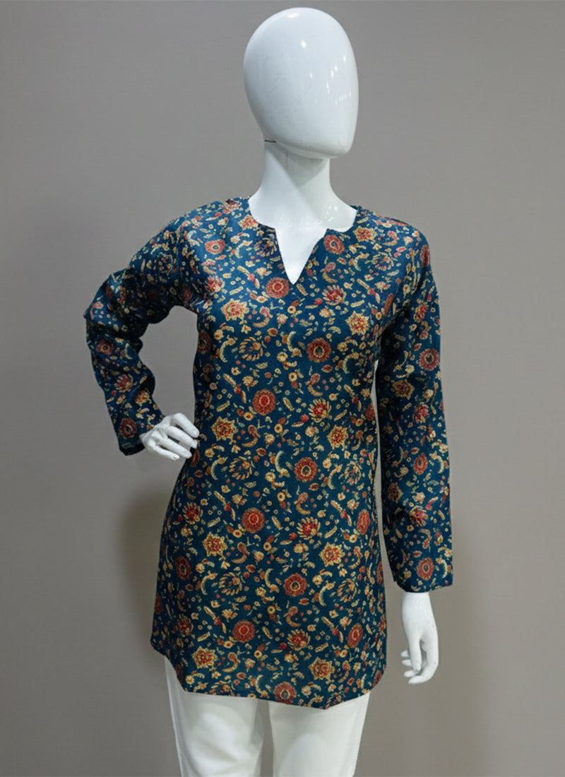 Teal Blue Geometric Print Muslin Casual Short Kurti