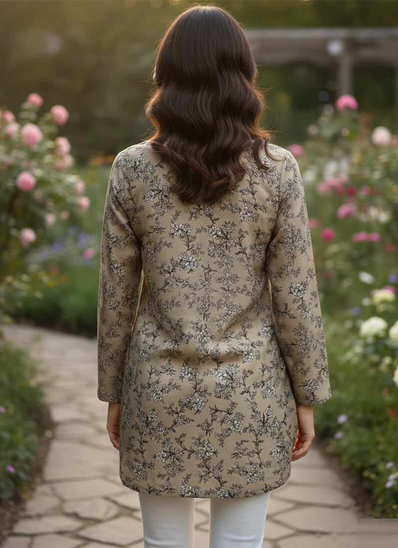 Dusty Gold Floral Printed Muslin Casual Short Kurti