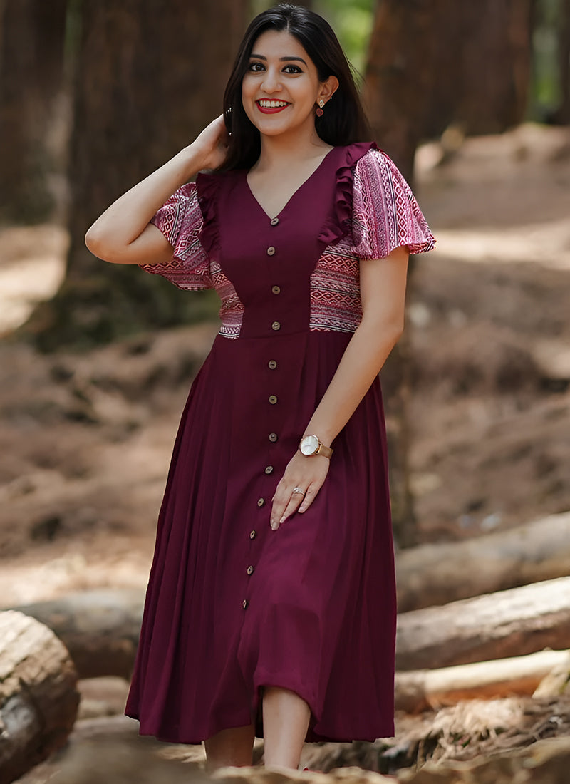 Maroon Rayon Printed Dress