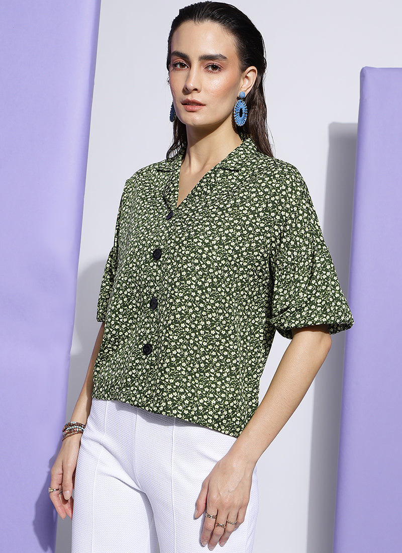 Olive Green Gathered Details Boxy Fit Shirt