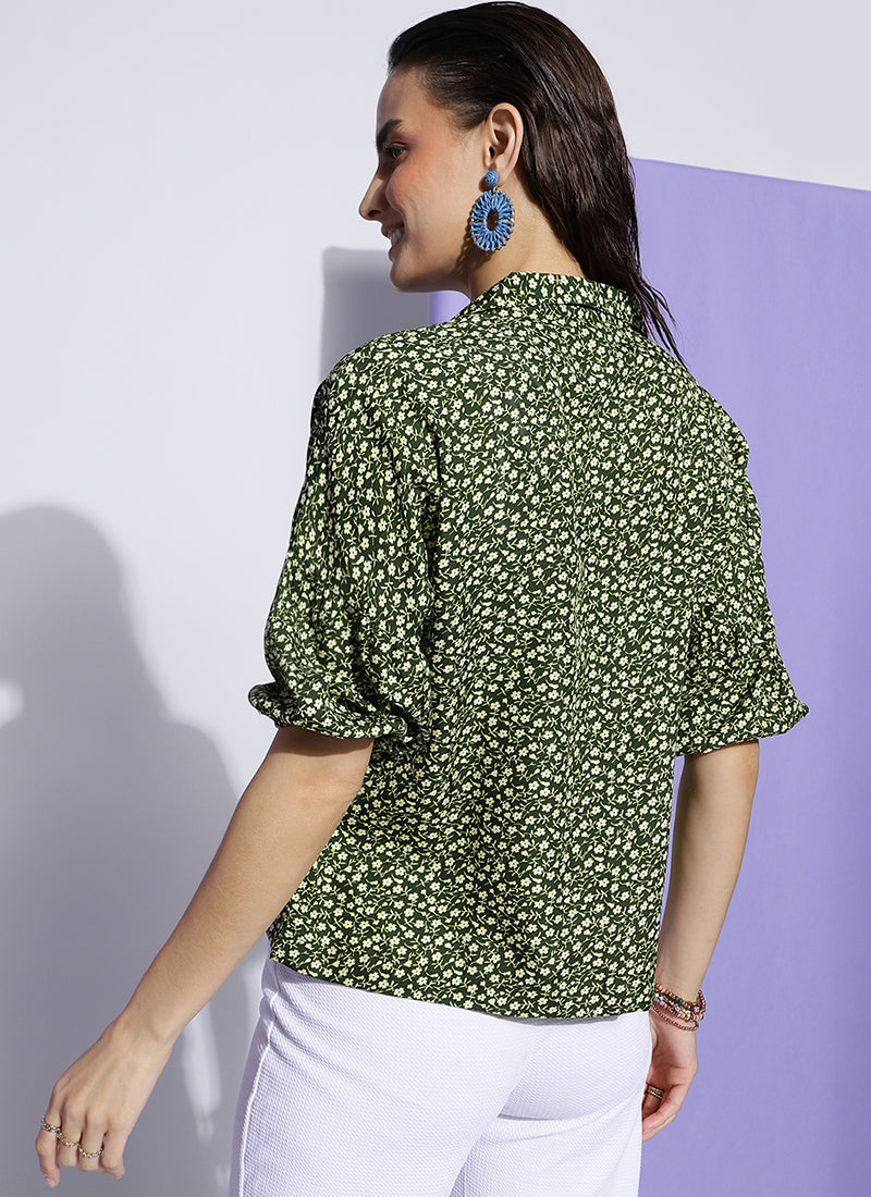 Olive Green Gathered Details Boxy Fit Shirt