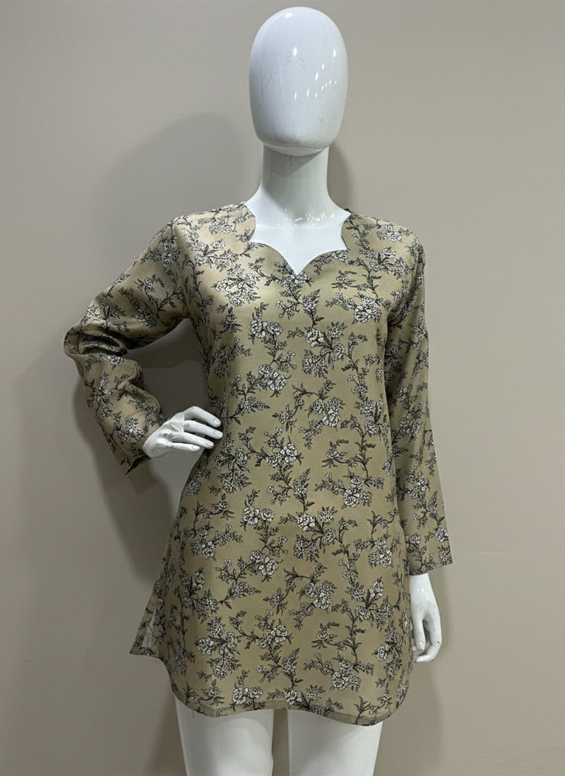Dusty Gold Floral Printed Muslin Casual Short Kurti