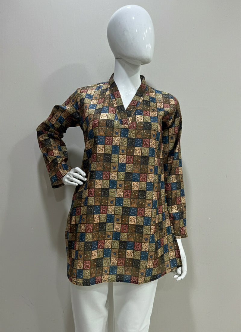 Multicolor Grid Printed Muslin Casual Short Kurti