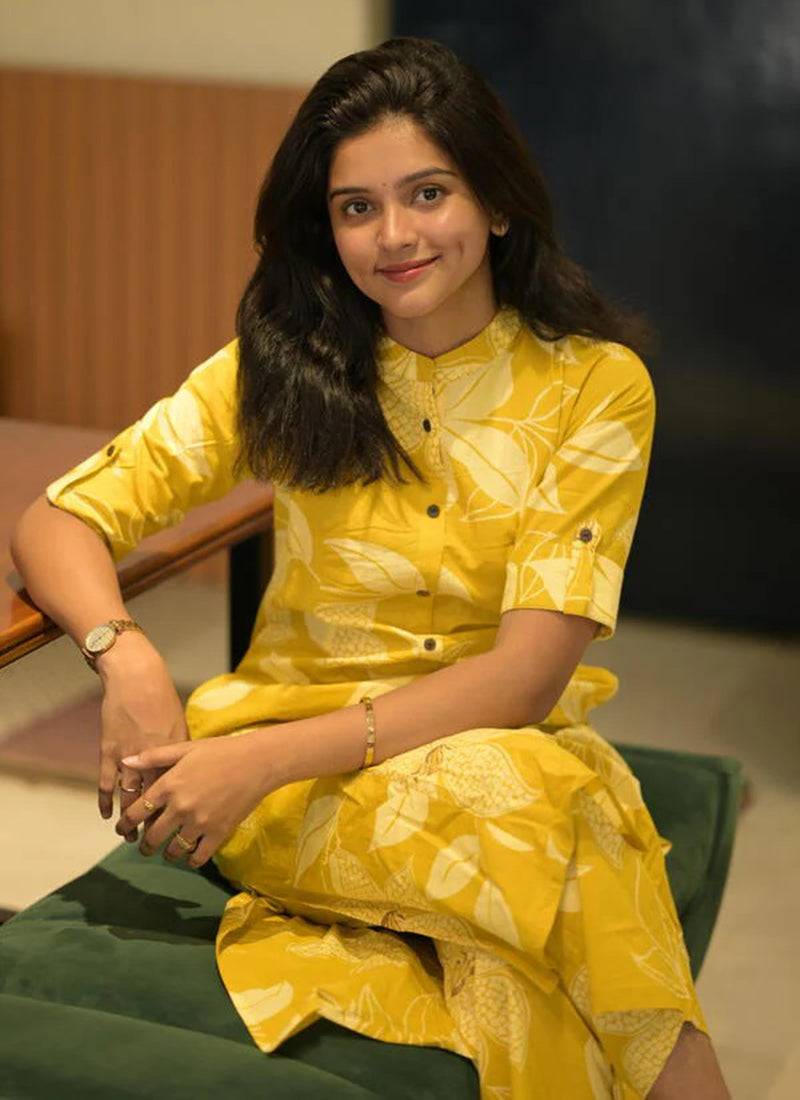Mustard Yellow printed rayon cord set