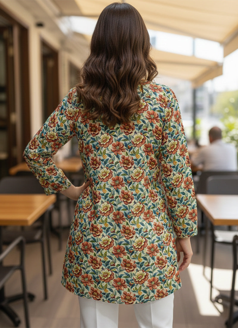 Cream Flower Printed Muslin Casual Short Kurti
