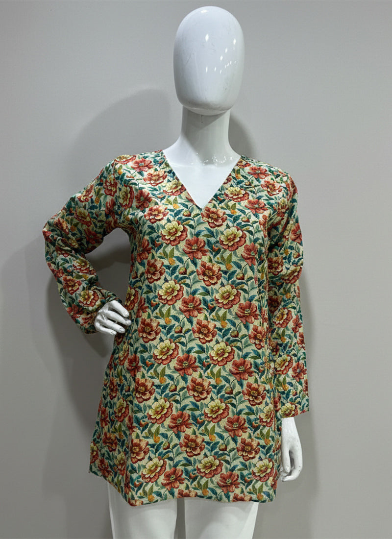 Cream Flower Printed Muslin Casual Short Kurti