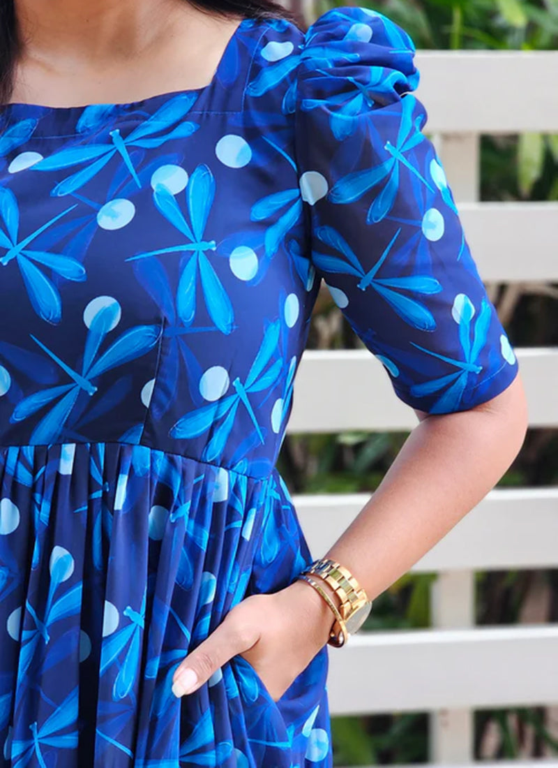 Blue Dragonfly Printed Poly Rayon Midi Dress