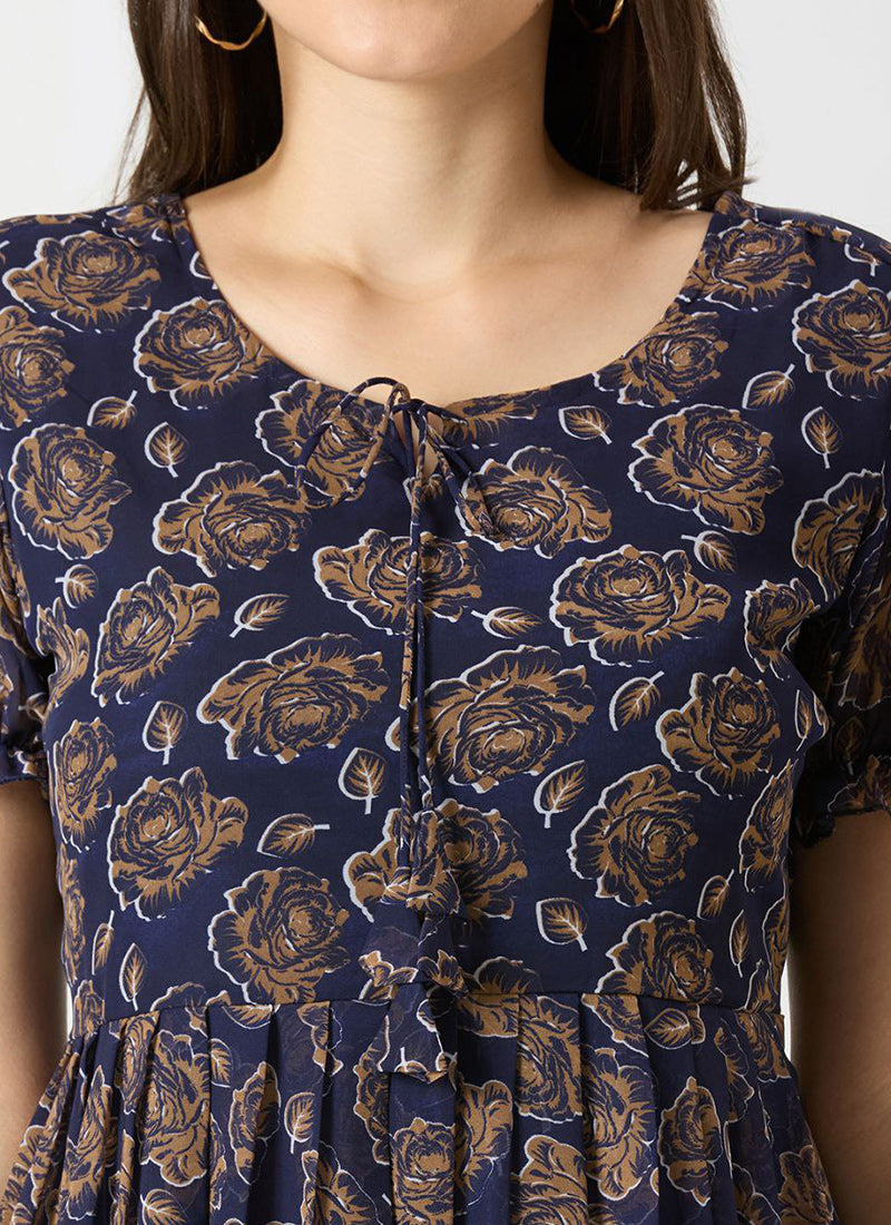 Georgette Rose Printed Royal Blue Midi Dress