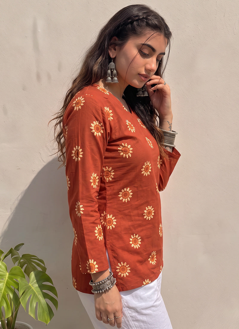 Orange Flower Printed Cotton V Neck Kurti