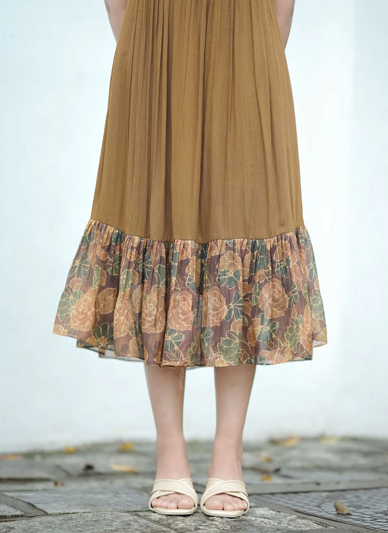 Floral Printed Brown Rayon Tiered Midi Dress