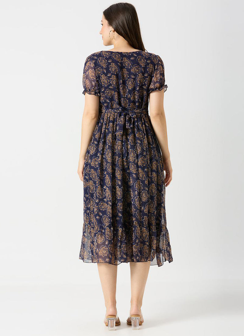 Georgette Rose Printed Royal Blue Midi Dress