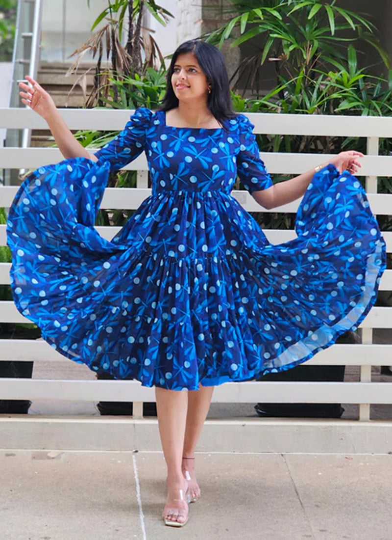Blue Dragonfly Printed Poly Rayon Midi Dress