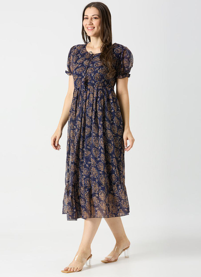 Georgette Rose Printed Royal Blue Midi Dress
