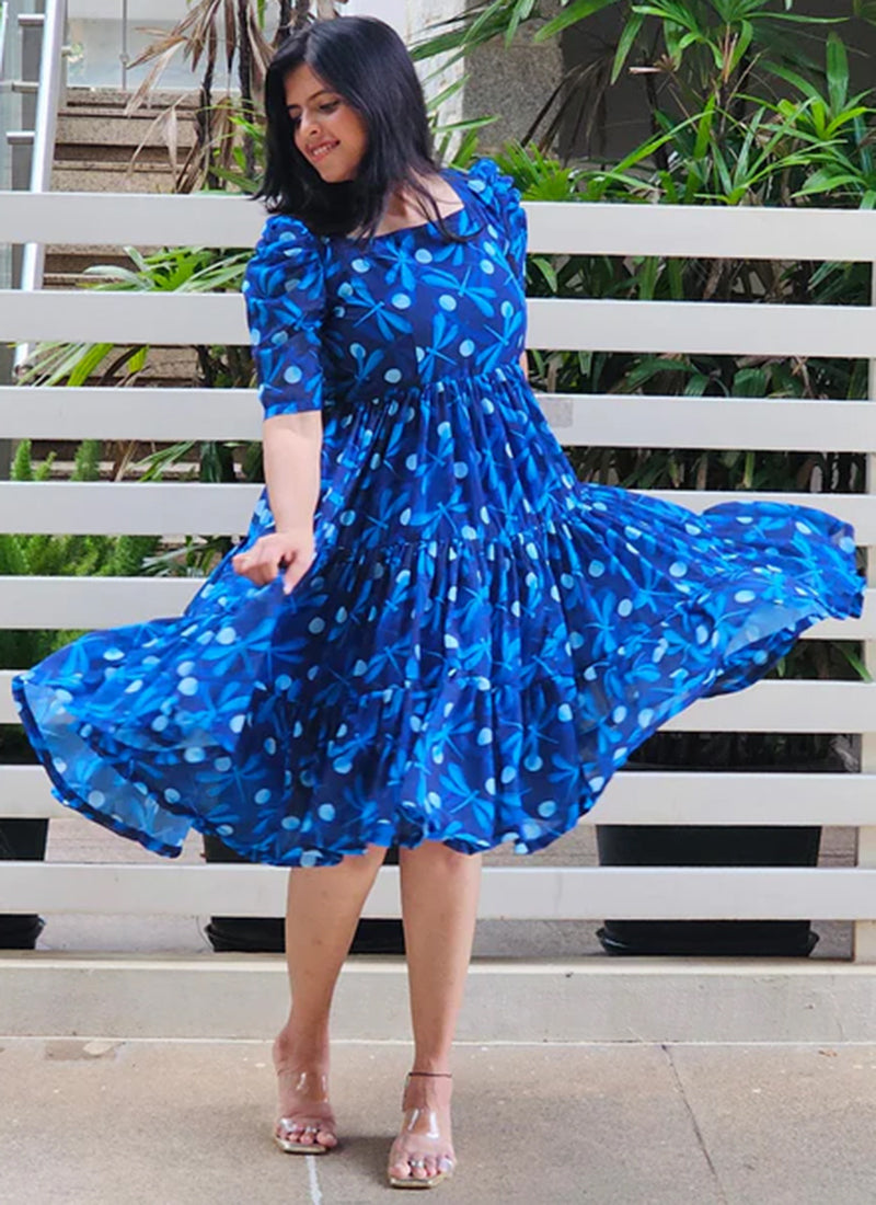 Blue Dragonfly Printed Poly Rayon Midi Dress