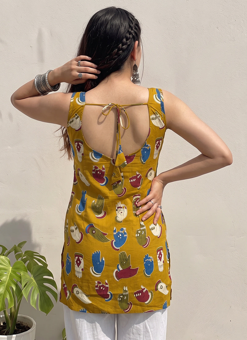 Mustard Cotton Printed Straight-Cut Kurti