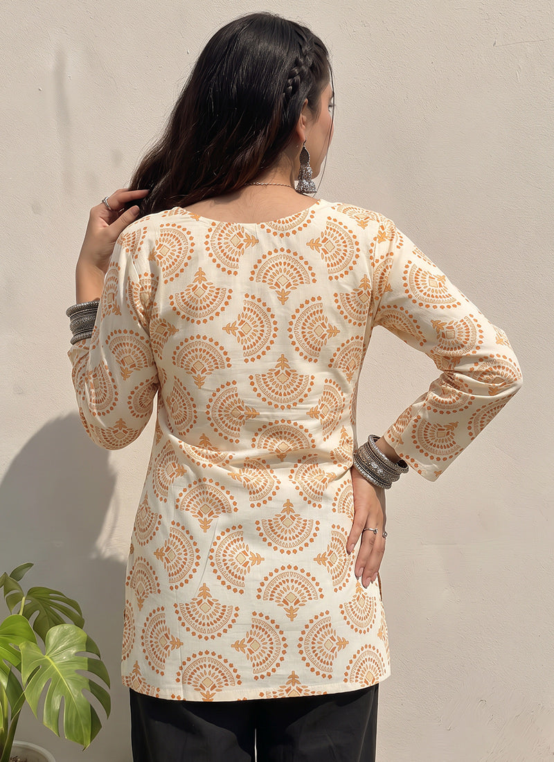 Off White Cotton Printed V Neck Kurti