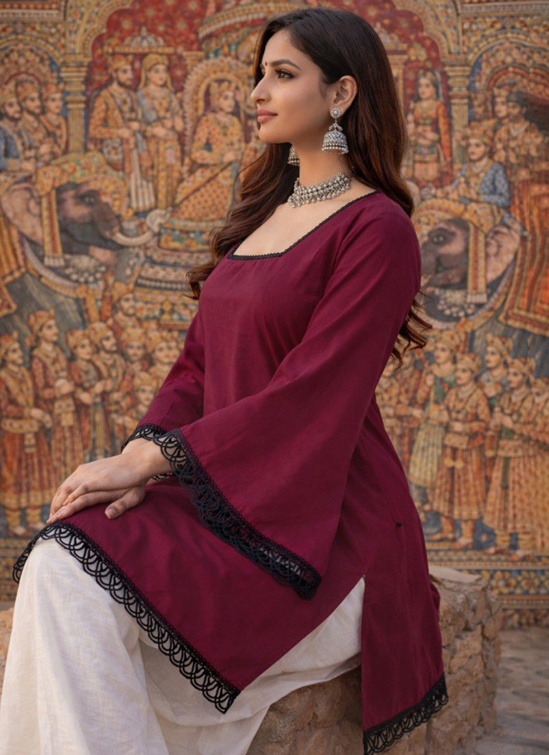 Wine Square Neck Roman Silk Kurti
