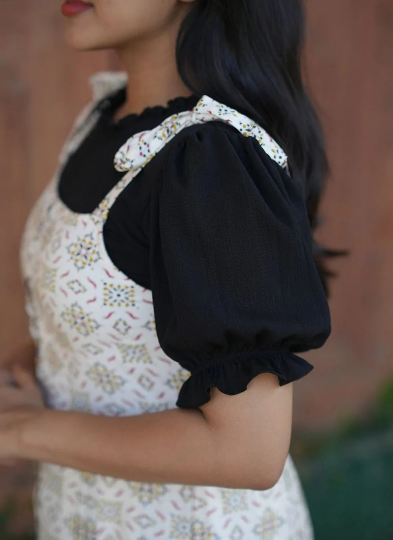 Cream Printed Two Piece Rayon Dungaree set