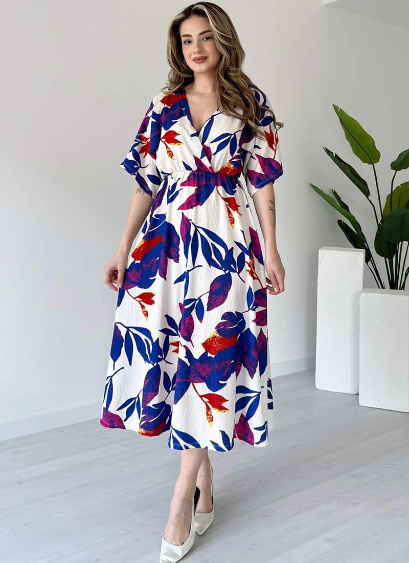 Blue Rayon Flower Printed Midi Dress