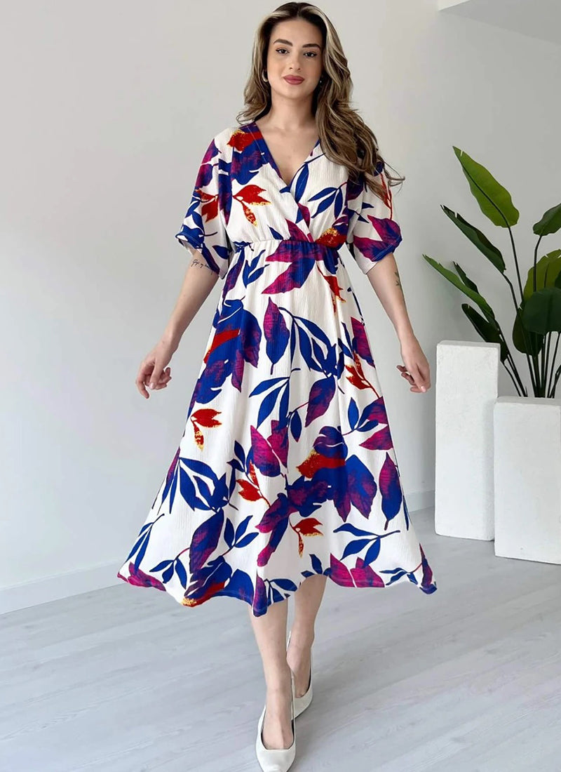 Blue Rayon Flower Printed Midi Dress