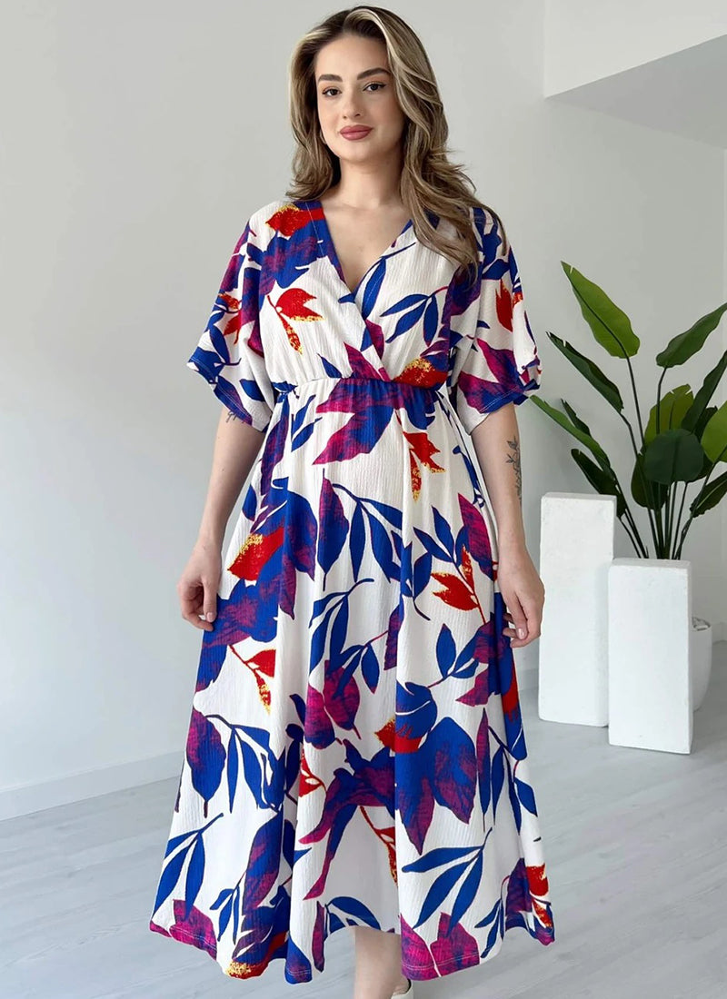 Blue Rayon Flower Printed Midi Dress