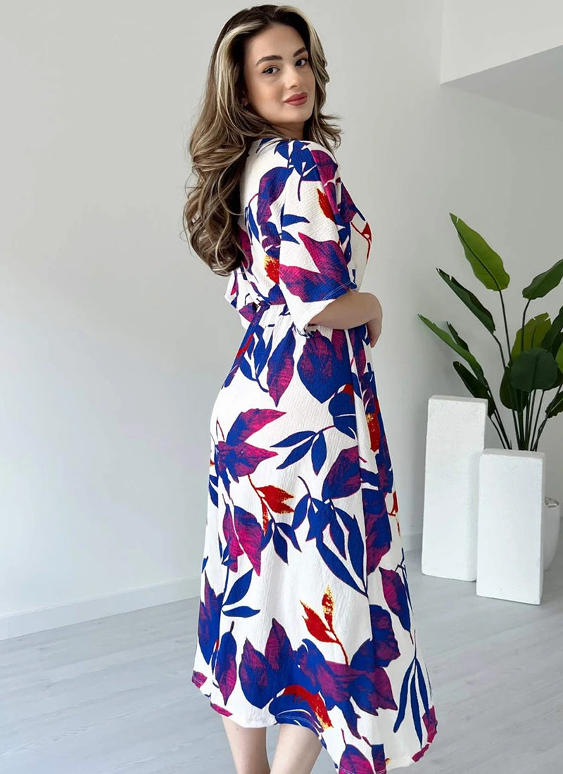 Blue Rayon Flower Printed Midi Dress