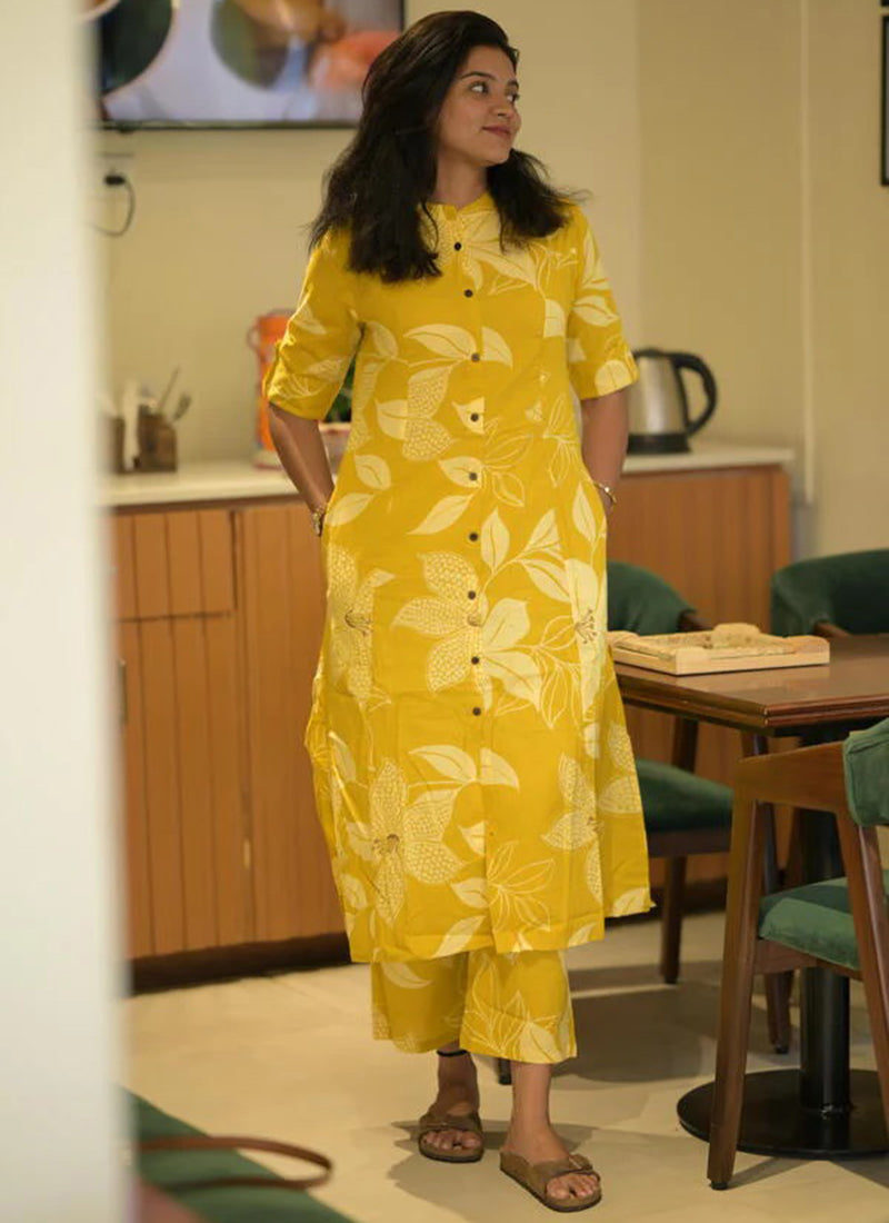Mustard Yellow printed rayon cord set